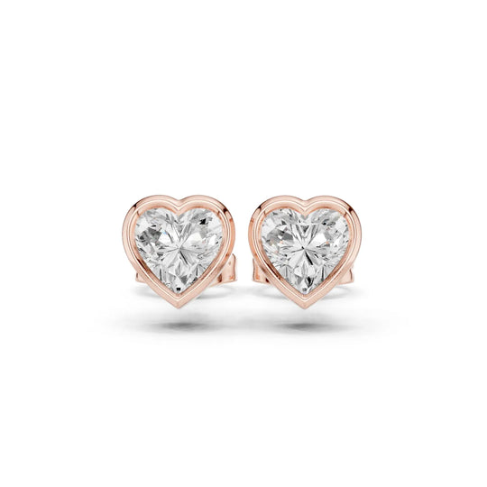 Pair-Shot: Heart Diamond Earrings with Bezel Setting in 14k Rose Gold - Lab Grown - Driona Jewels