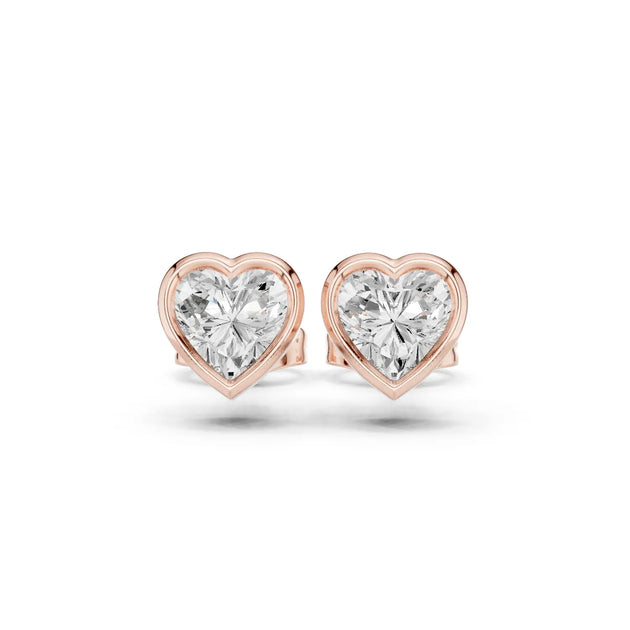Pair-Shot: Heart Diamond Earrings with Bezel Setting in 14k Rose Gold - Lab Grown - Driona Jewels