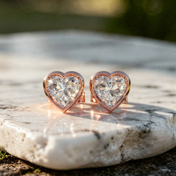 Pair-Shot: Heart Diamond Earrings with Bezel Setting in 14k Rose Gold - Lab Grown - Driona Jewels