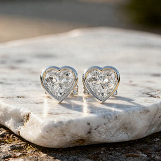 Pair Shot: Heart Diamond Earrings with Bezel Setting in 14k White Gold - Lab Grown - Driona Jewels