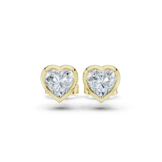 Pair-Shot: Heart Diamond Earrings with Bezel Setting in 14k Yellow Gold - Lab Grown - Driona Jewels