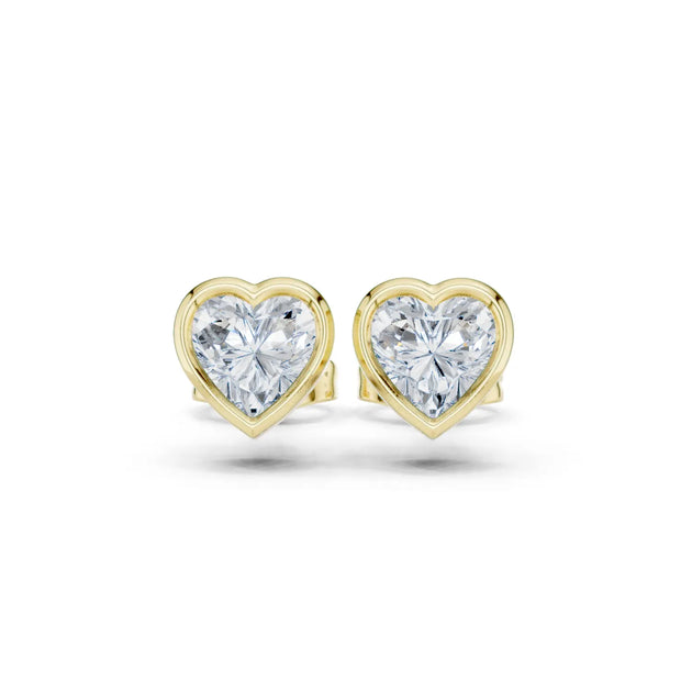 Pair-Shot: Heart Diamond Earrings with Bezel Setting in 14k Yellow Gold - Lab Grown - Driona Jewels