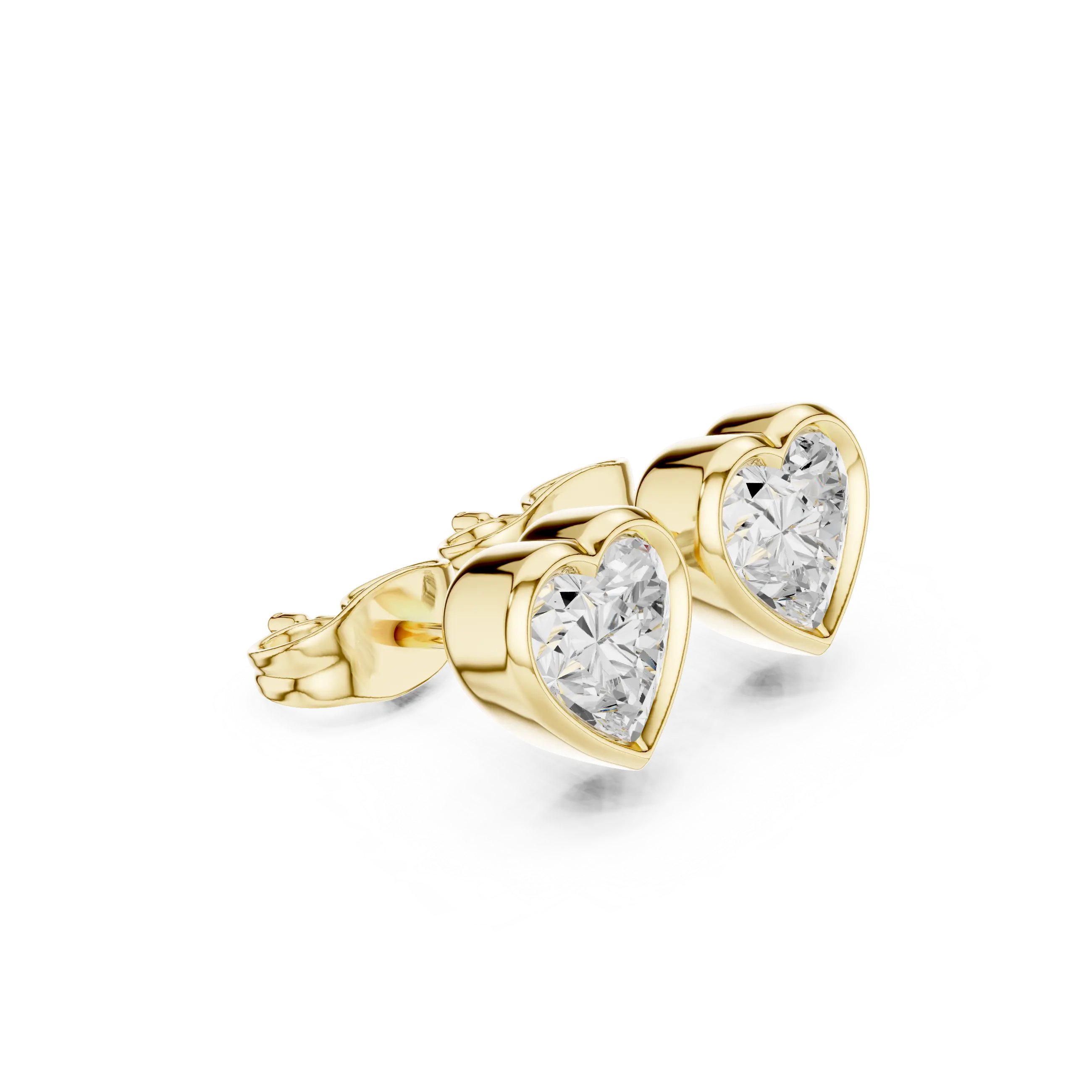 Pair Shot: Heart Diamond Earrings with Bezel Setting in 14k Yellow Gold - Lab Grown - Driona Jewels
