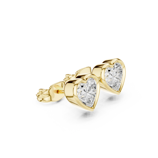 Pair Shot: Heart Diamond Earrings with Bezel Setting in 14k Yellow Gold - Lab Grown - Driona Jewels