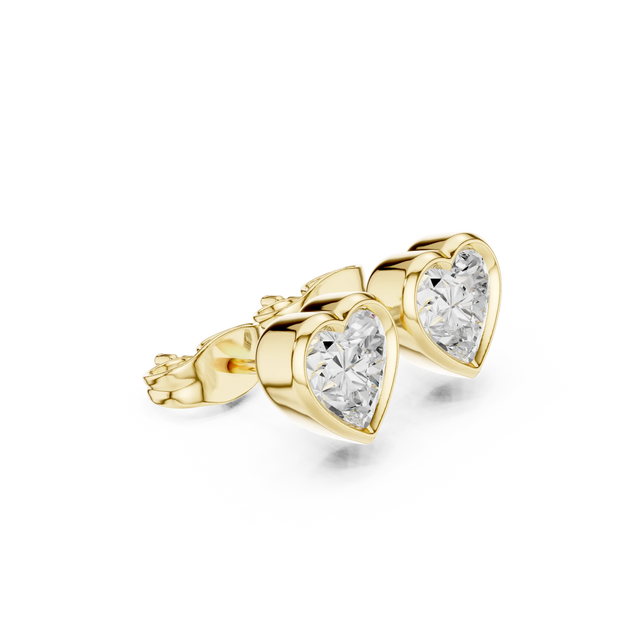 Pair Shot: Heart Diamond Earrings with Bezel Setting in 14k Yellow Gold - Lab Grown - Driona Jewels