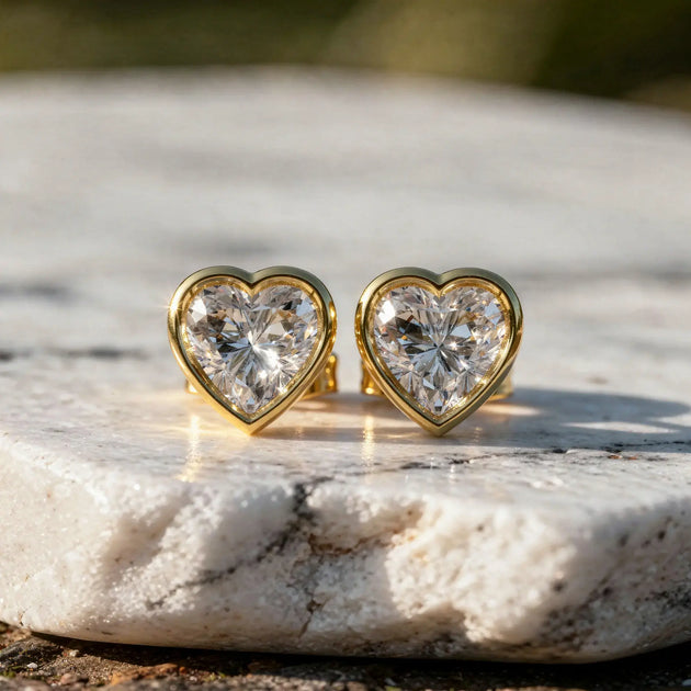 Pair-Shot: Heart Diamond Earrings with Bezel Setting in 14k Yellow Gold - Lab Grown - Driona Jewels
