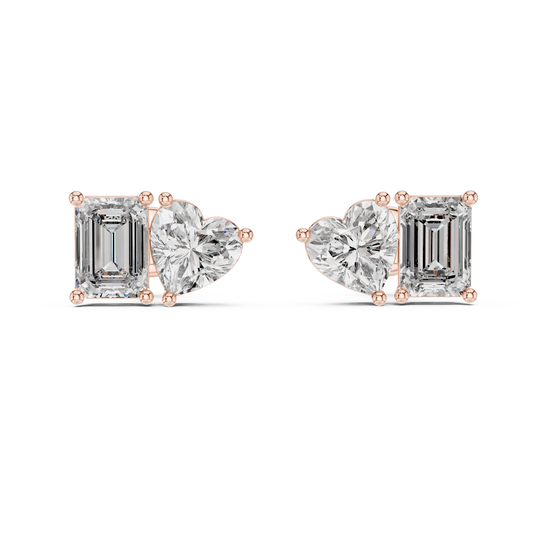 Pair-Shot: Heart Diamond Earrings with Prong Setting in 14k Rose Gold - Lab Grown - Driona Jewels