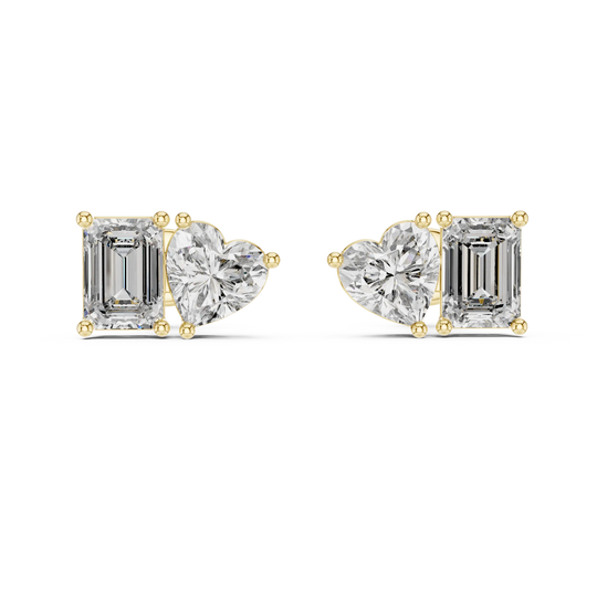 Pair-Shot: Heart Diamond Earrings with Three-Stone Setting in 14k Yellow Gold - Lab Grown - Driona Jewels
