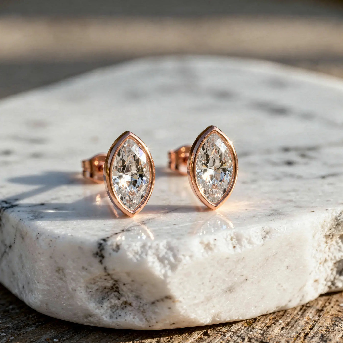 Pair Shot: Marquise Diamond Earrings with Bezel Setting in 14k Rose Gold - Lab Grown - Driona Jewels