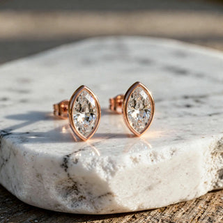 Pair Shot: Marquise Diamond Earrings with Bezel Setting in 14k Rose Gold - Lab Grown - Driona Jewels