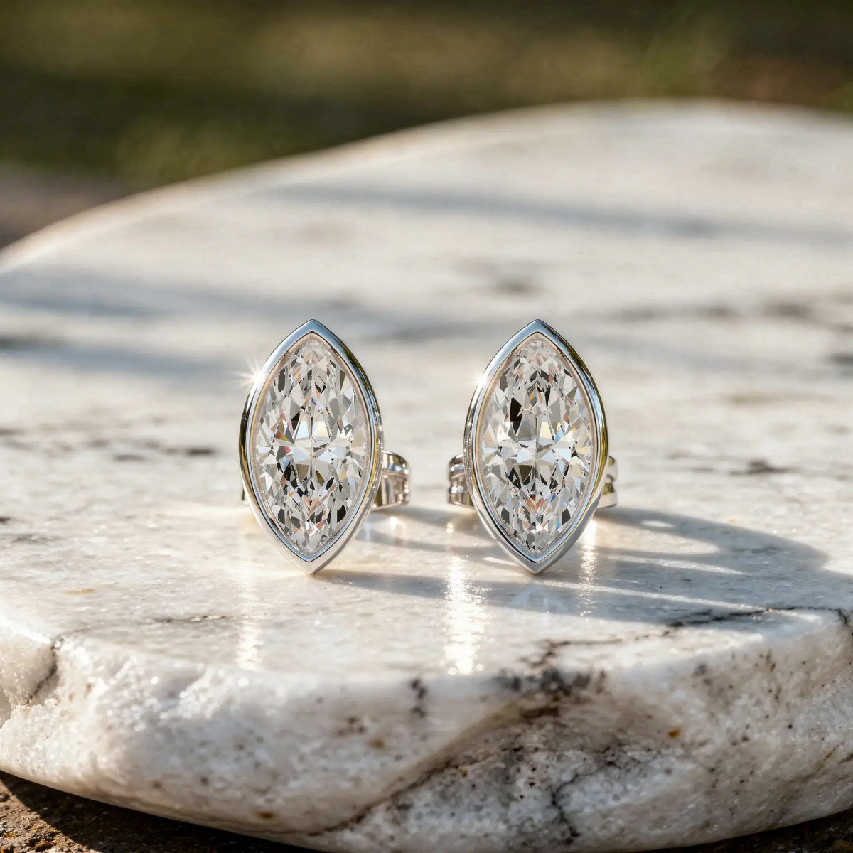 Pair-shot: Marquise Diamond Earrings with Bezel Setting in 14k White Gold - Lab Grown - Driona Jewels