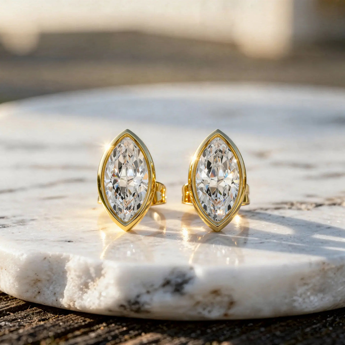 Pair Shot: Marquise Diamond Earrings with Bezel Setting in 14k Yellow Gold - Lab Grown - Driona Jewels
