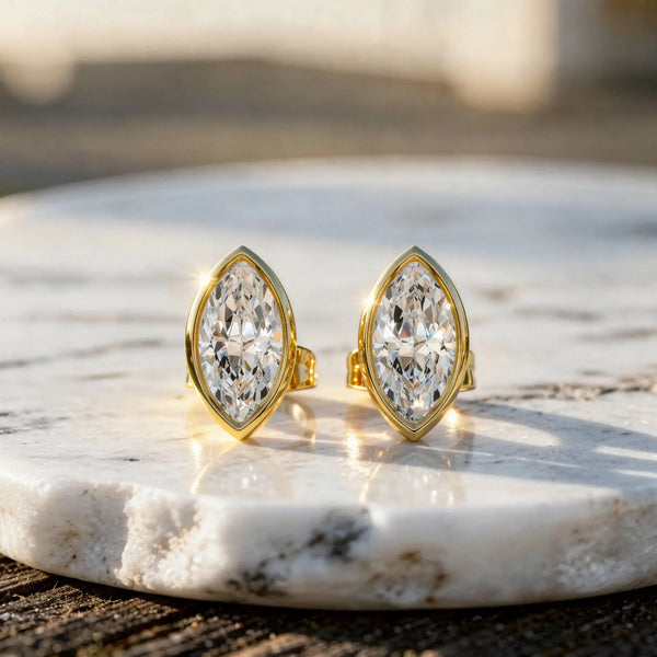 Pair Shot: Marquise Diamond Earrings with Bezel Setting in 14k Yellow Gold - Lab Grown - Driona Jewels