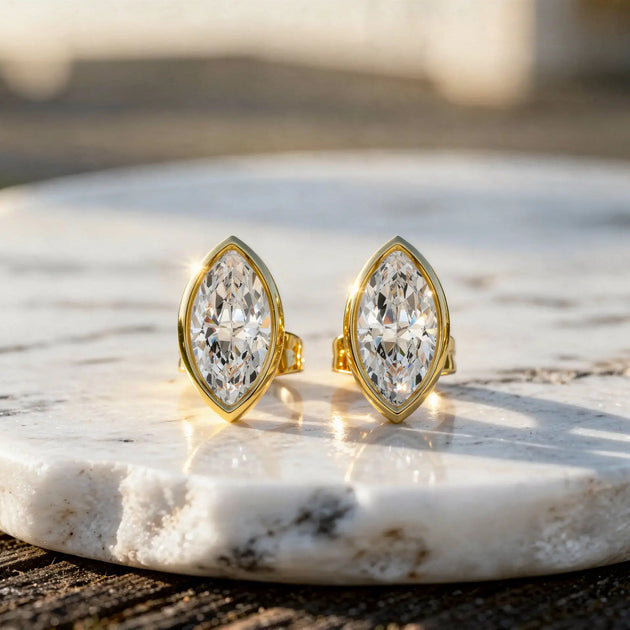 Pair Shot: Marquise Diamond Earrings with Bezel Setting in 14k Yellow Gold - Lab Grown - Driona Jewels