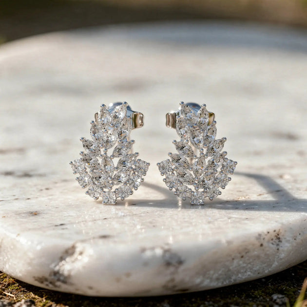 Pair Shot: Marquise Diamond Earrings with Cluster Setting in 14k White Gold - Lab Grown - Driona Jewels