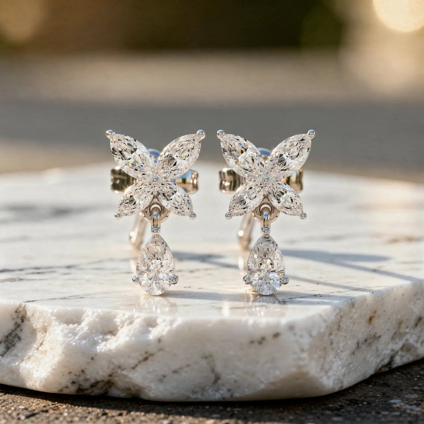 Pair-Shot: Marquise Diamond Earrings with Cluster Setting in 14k White Gold - Lab Grown - Driona Jewels