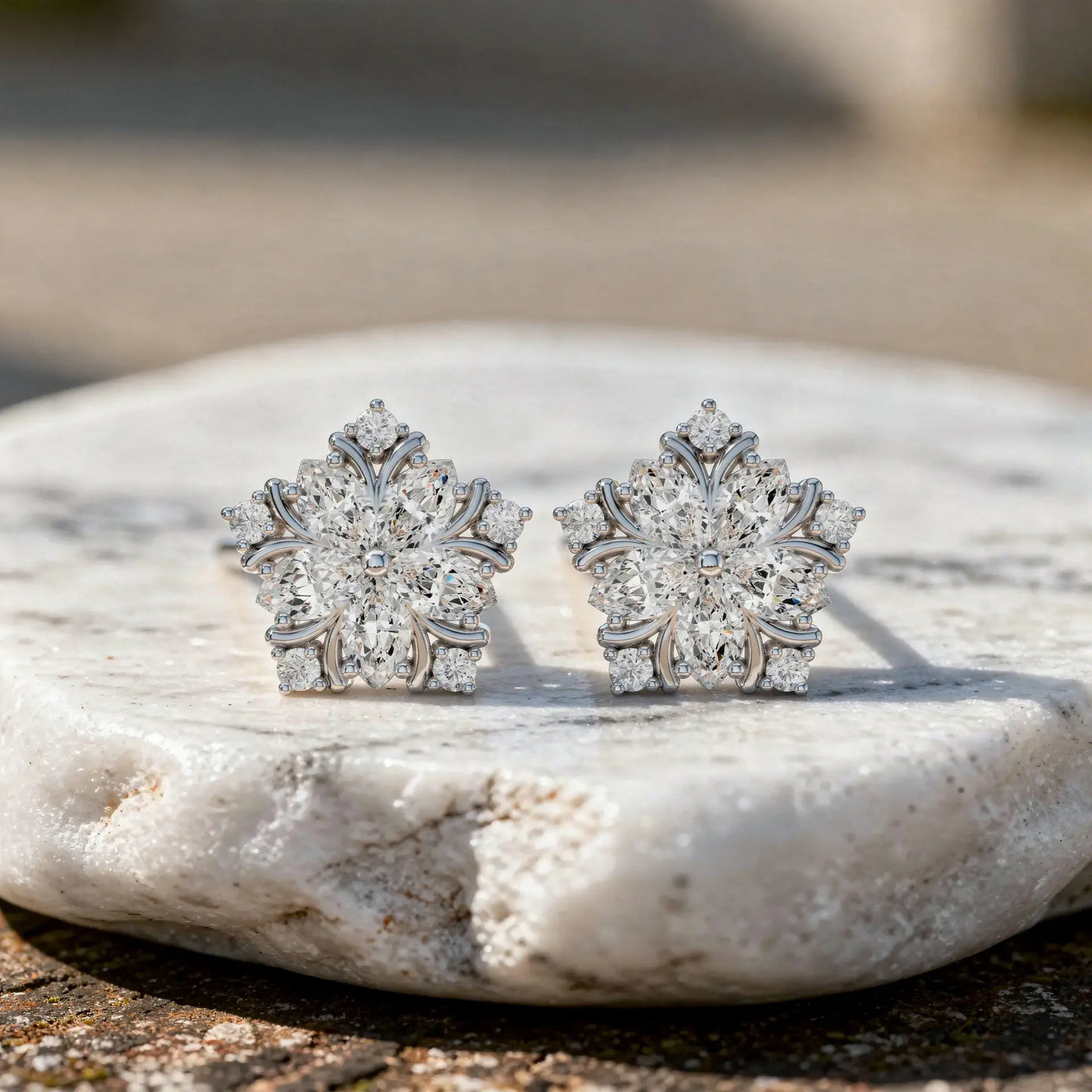 Pair Shot: Marquise Diamond Earrings with Cluster Setting in 14k White Gold - Lab Grown - Driona Jewels