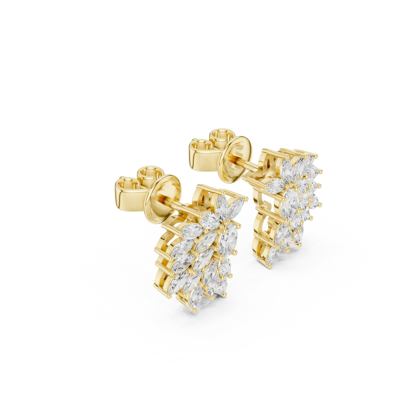 Pair-Shot: Marquise Diamond Earrings with Cluster Setting in 14k Yellow Gold - Lab Grown - Driona Jewels
