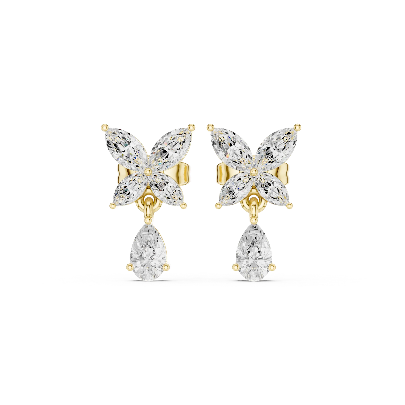 Pair-Shot: Marquise Diamond Earrings with Cluster Setting in 14k Yellow Gold - Lab Grown - Driona Jewels