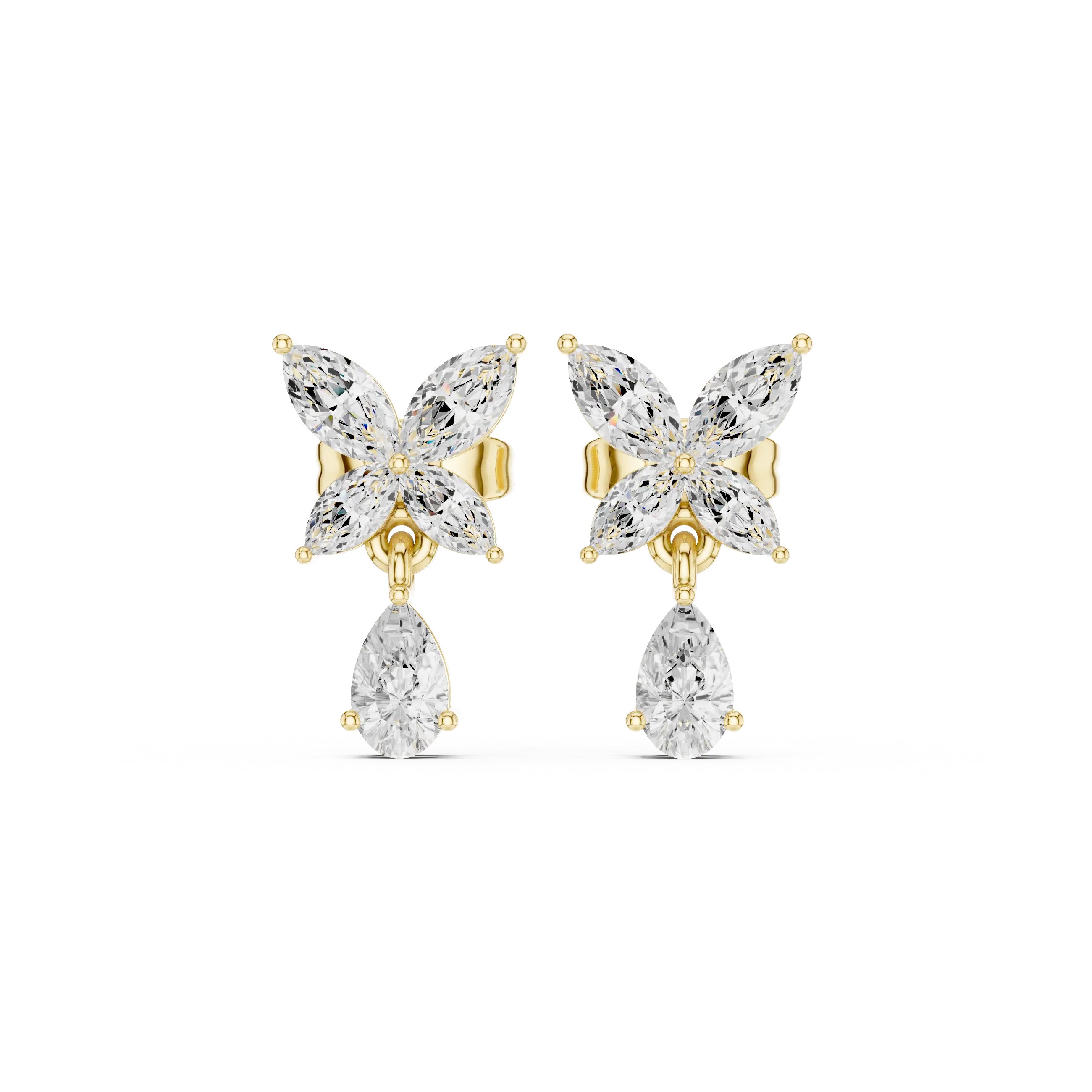 Pair-Shot: Marquise Diamond Earrings with Cluster Setting in 14k Yellow Gold - Lab Grown - Driona Jewels