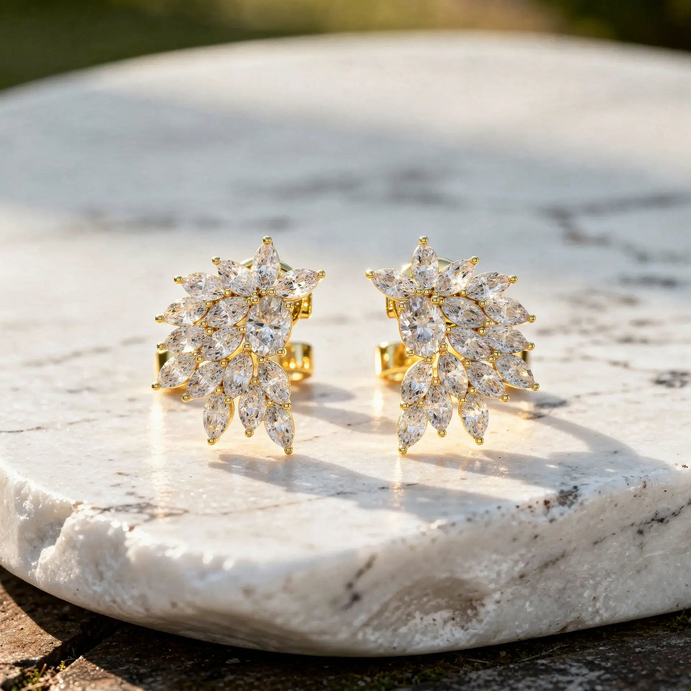 Pair-Shot: Marquise Diamond Earrings with Cluster Setting in 14k Yellow Gold - Lab Grown - Driona Jewels