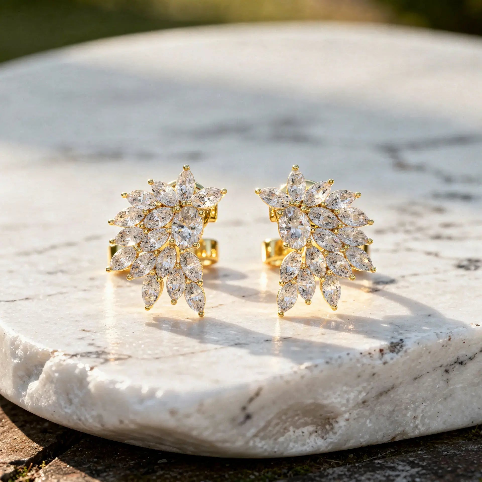 Pair-Shot: Marquise Diamond Earrings with Cluster Setting in 14k Yellow Gold - Lab Grown - Driona Jewels