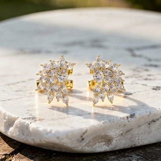 Pair-Shot: Marquise Diamond Earrings with Cluster Setting in 14k Yellow Gold - Lab Grown - Driona Jewels