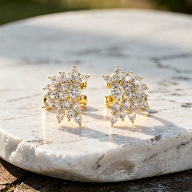 Pair-Shot: Marquise Diamond Earrings with Cluster Setting in 14k Yellow Gold - Lab Grown - Driona Jewels
