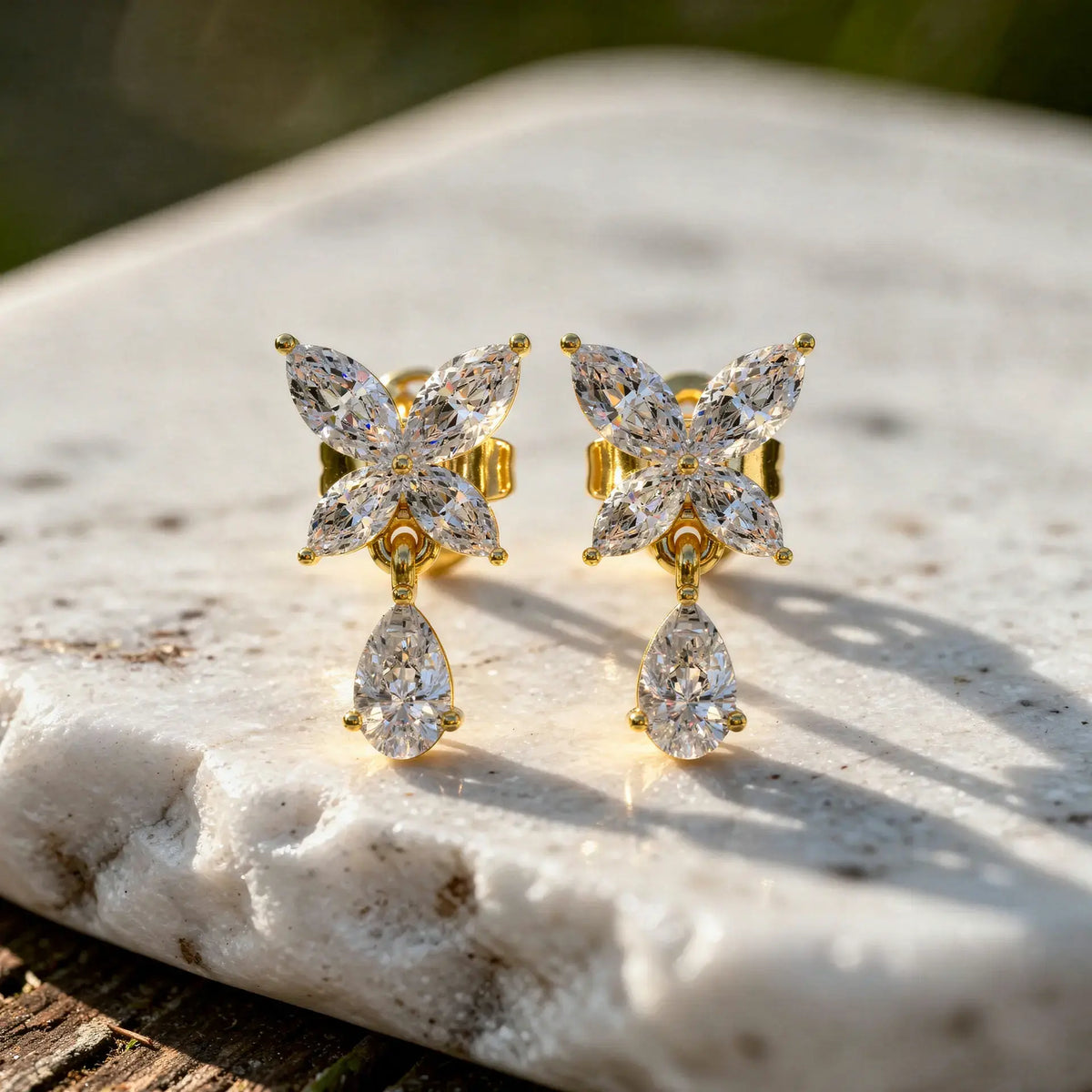 Pair-shot: Marquise Diamond Earrings with Cluster Setting in 14k Yellow Gold - Lab Grown - Driona Jewels