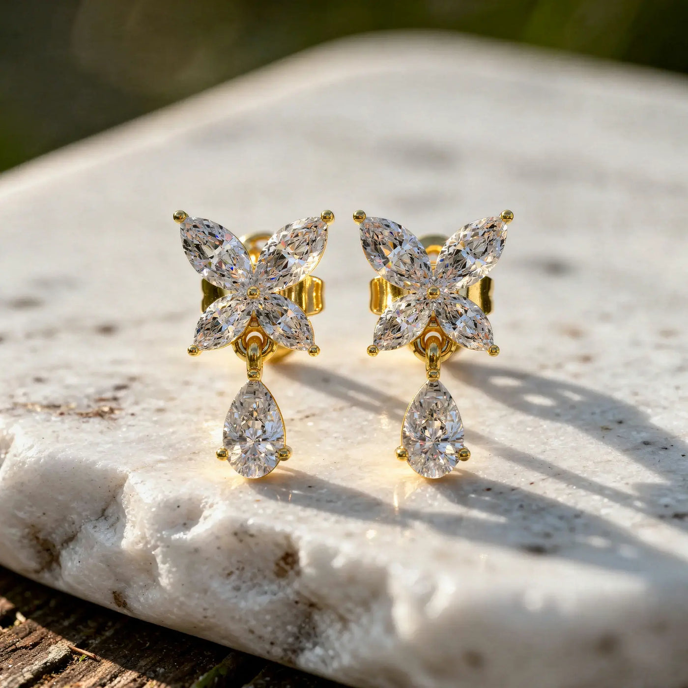 Pair-shot: Marquise Diamond Earrings with Cluster Setting in 14k Yellow Gold - Lab Grown - Driona Jewels
