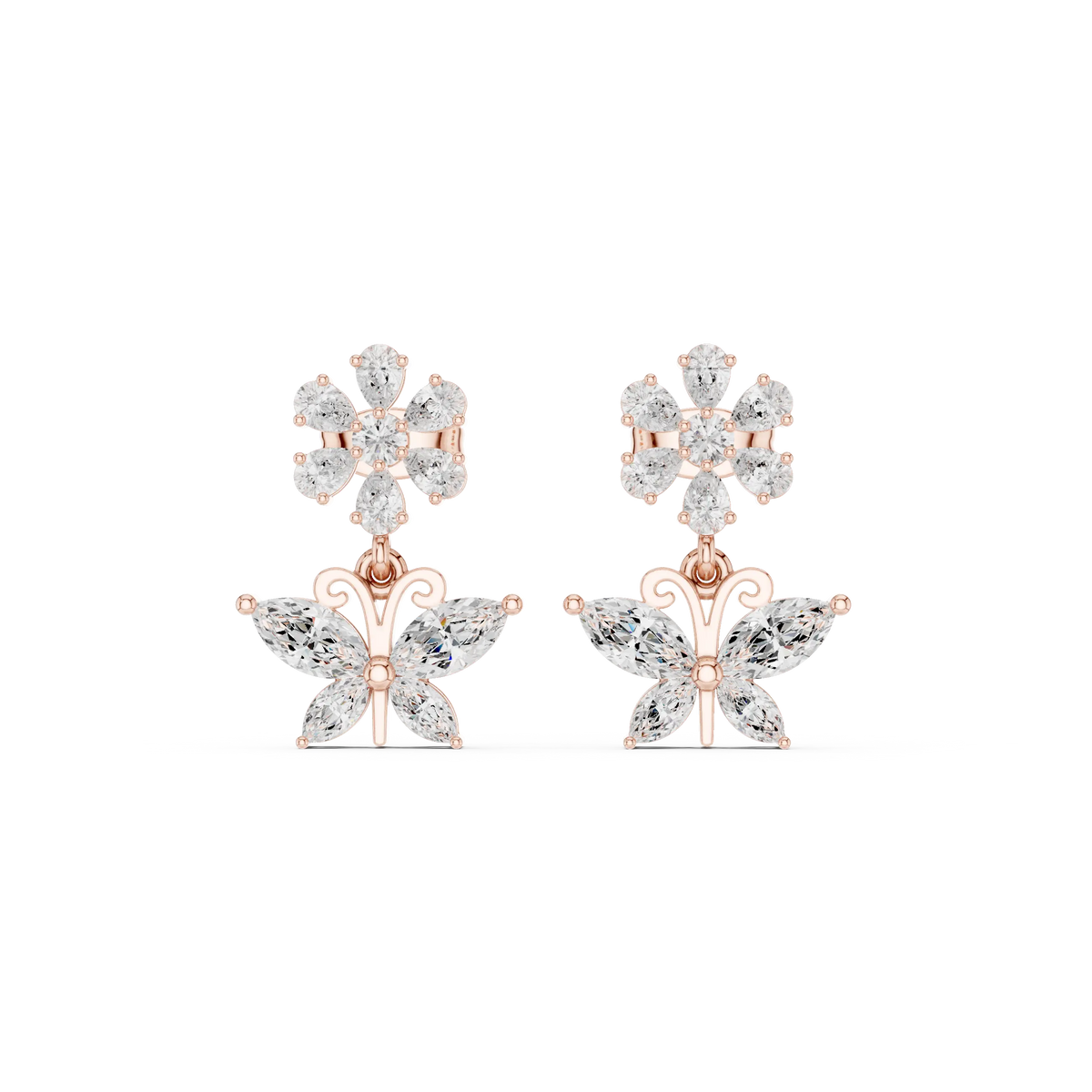 Pair-Shot: Marquise Diamond Earrings with Flower Cluster Setting in 14k Rose Gold - Lab Grown - Driona Jewels