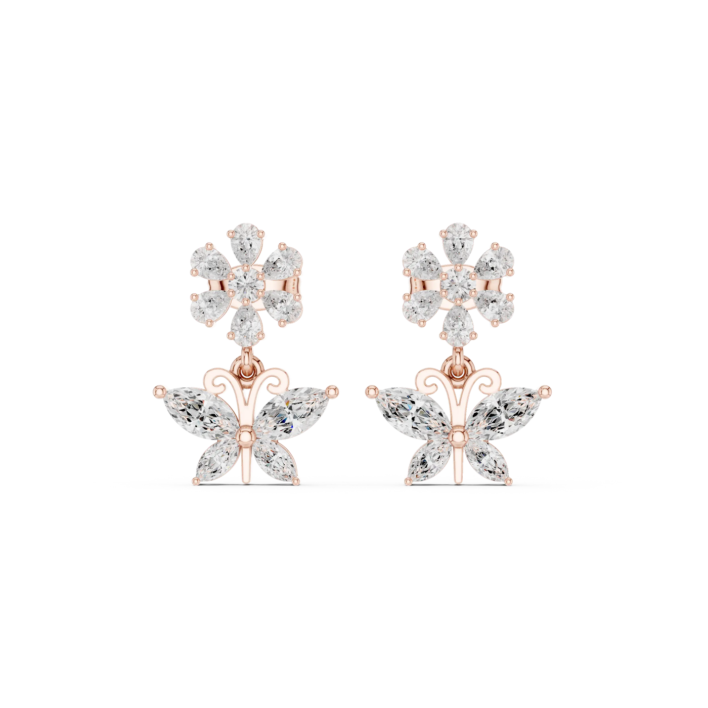 Pair-Shot: Marquise Diamond Earrings with Flower Cluster Setting in 14k Rose Gold - Lab Grown - Driona Jewels