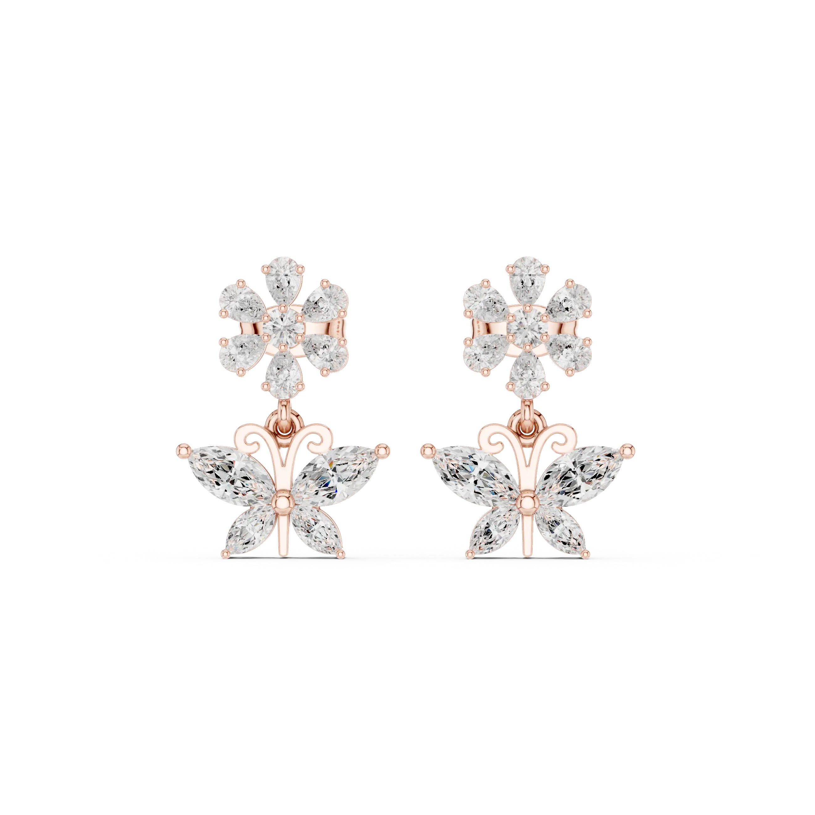 Pair-Shot: Marquise Diamond Earrings with Flower Cluster Setting in 14k Rose Gold - Lab Grown - Driona Jewels