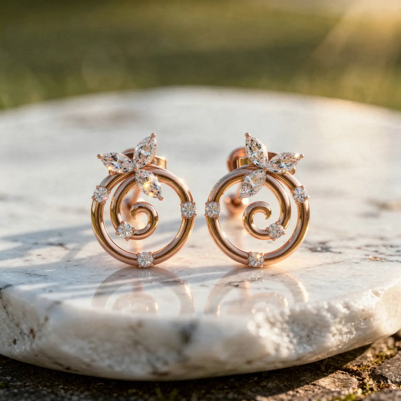 Pair-Shot: Marquise Diamond Earrings with Halo Setting in 14k Rose Gold - Lab Grown - Driona Jewels