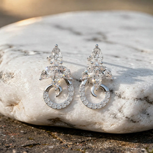 Pair-Shot: Marquise Diamond Earrings with Halo Setting in 925 Silver - Lab Grown - Driona Jewels