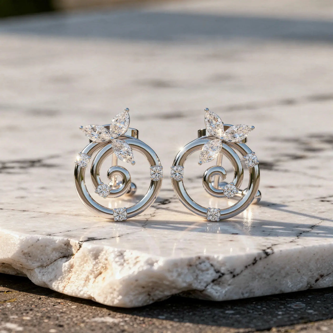 Pair-Shot: Marquise Diamond Earrings with Halo Setting in 14k White Gold - Lab Grown - Driona Jewels