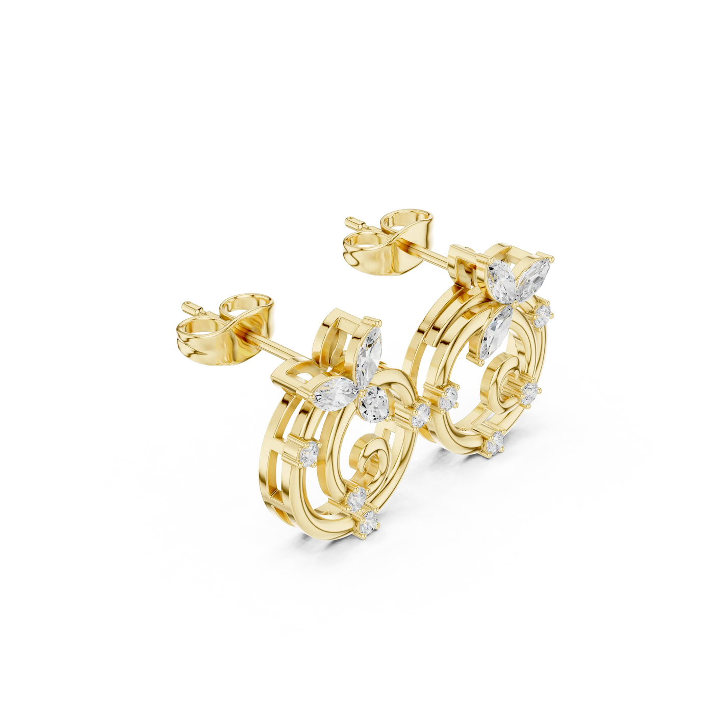 Pair-Shot: Marquise Diamond Earrings with Halo Setting in 14k Yellow Gold - Lab Grown - Driona Jewels