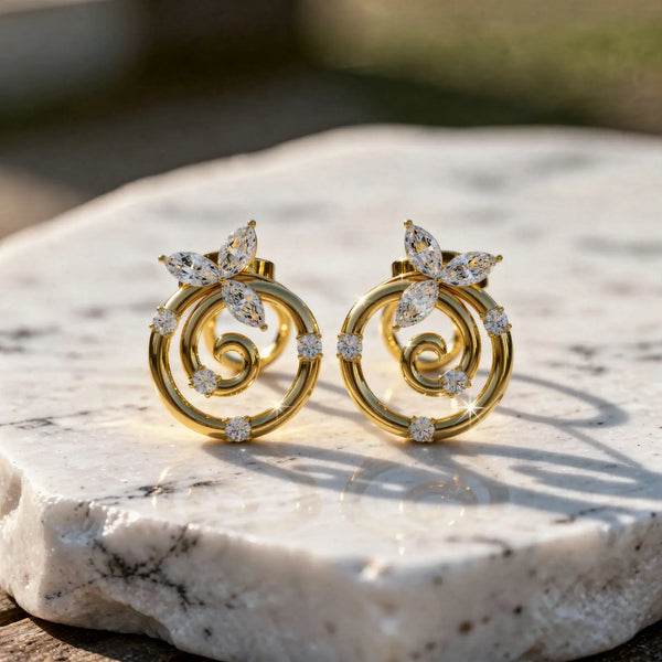 Pair-Shot: Marquise Diamond Earrings with Halo Setting in 14k Yellow Gold - Lab Grown - Driona Jewels