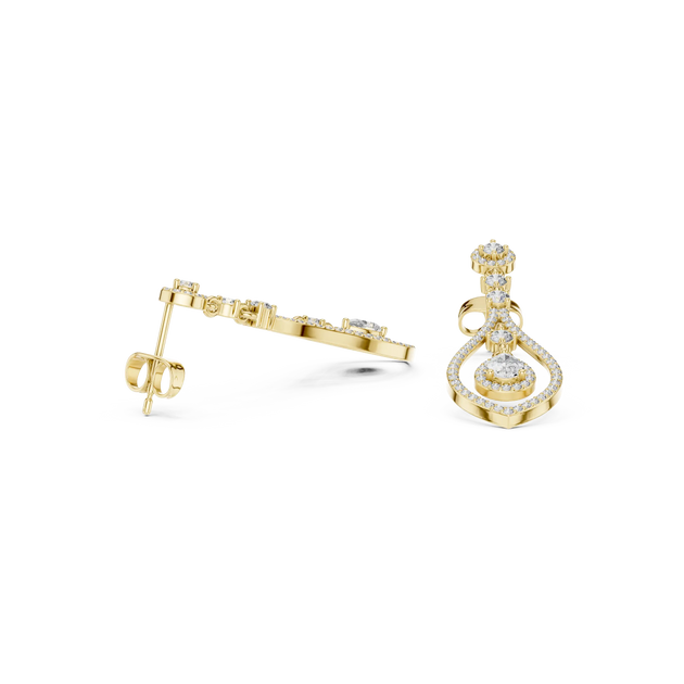 Three-quarter-view: Marquise Diamond Earrings with Halo Setting in 14k Yellow Gold - Lab Grown - Driona Jewels