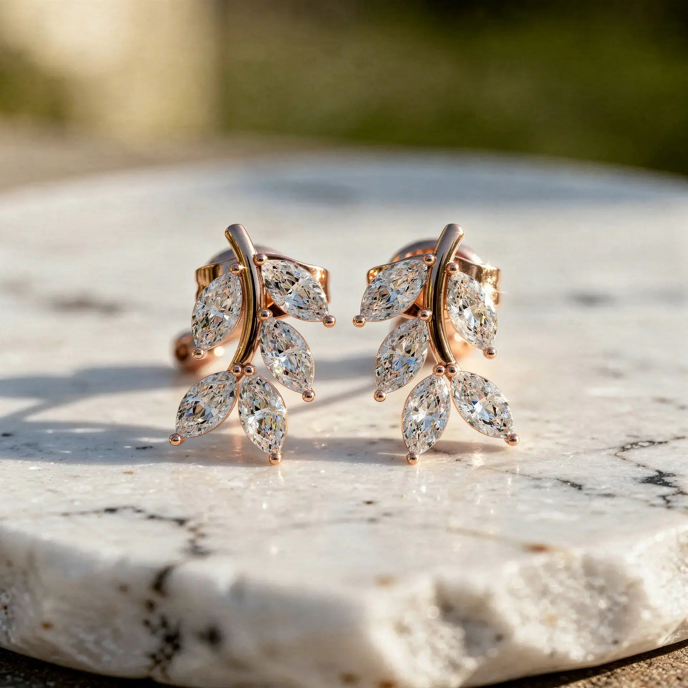 Pair-Shot: Marquise Diamond Earrings with Prong Setting in 14k Rose Gold - Lab Grown - Driona Jewels