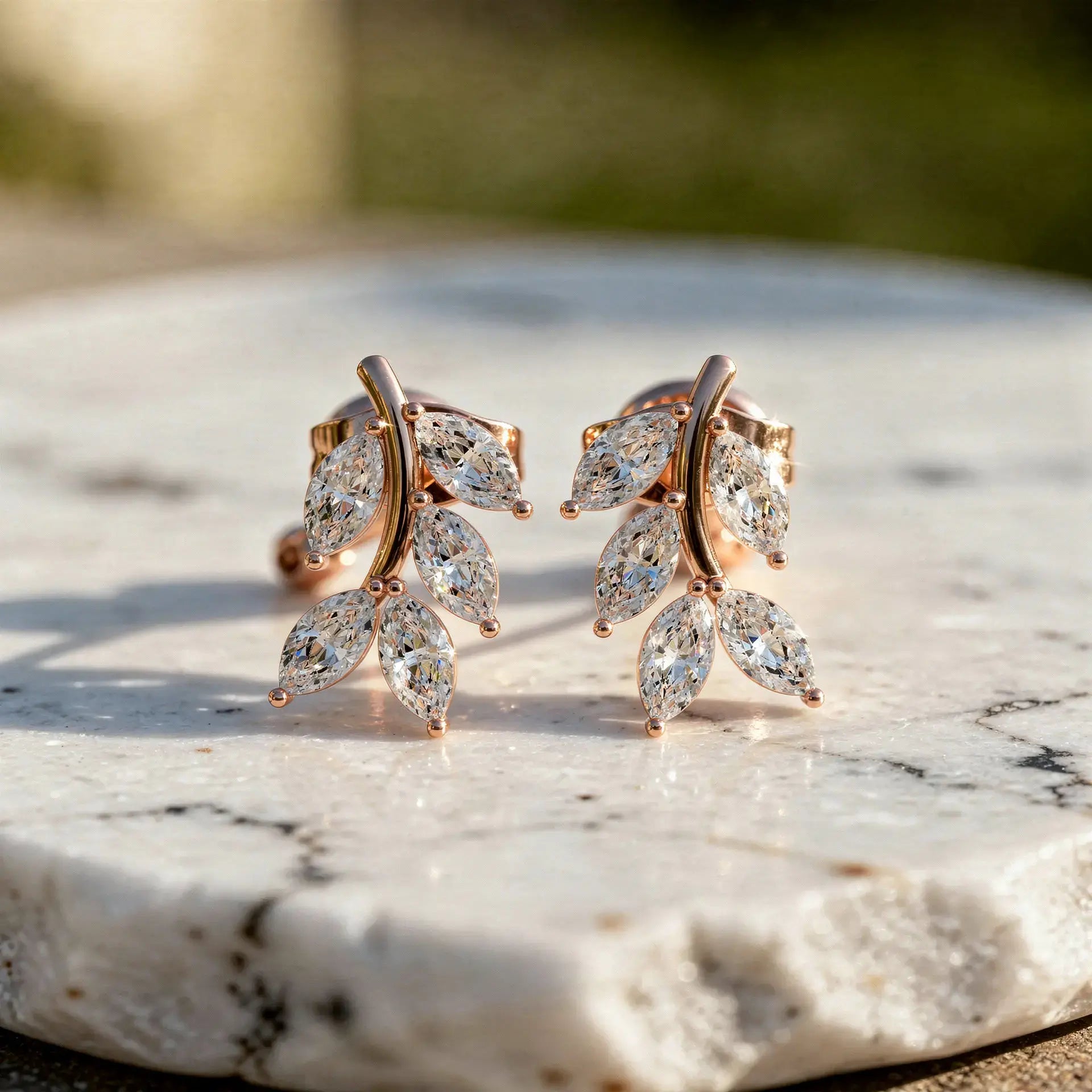 Pair-Shot: Marquise Diamond Earrings with Prong Setting in 14k Rose Gold - Lab Grown - Driona Jewels