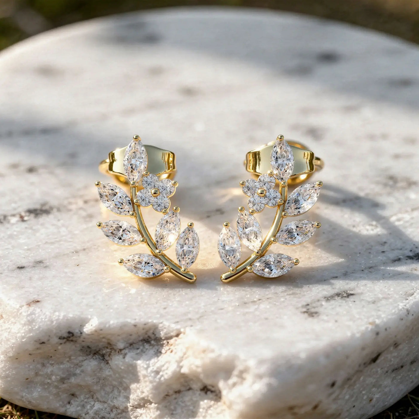 Pair-Shot: Marquise Diamond Earrings with Prong Setting in 14k Yellow Gold - Lab Grown - Driona Jewels