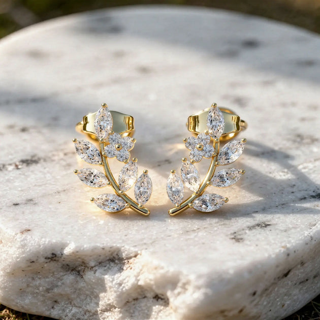 Pair-Shot: Marquise Diamond Earrings with Prong Setting in 14k Yellow Gold - Lab Grown - Driona Jewels