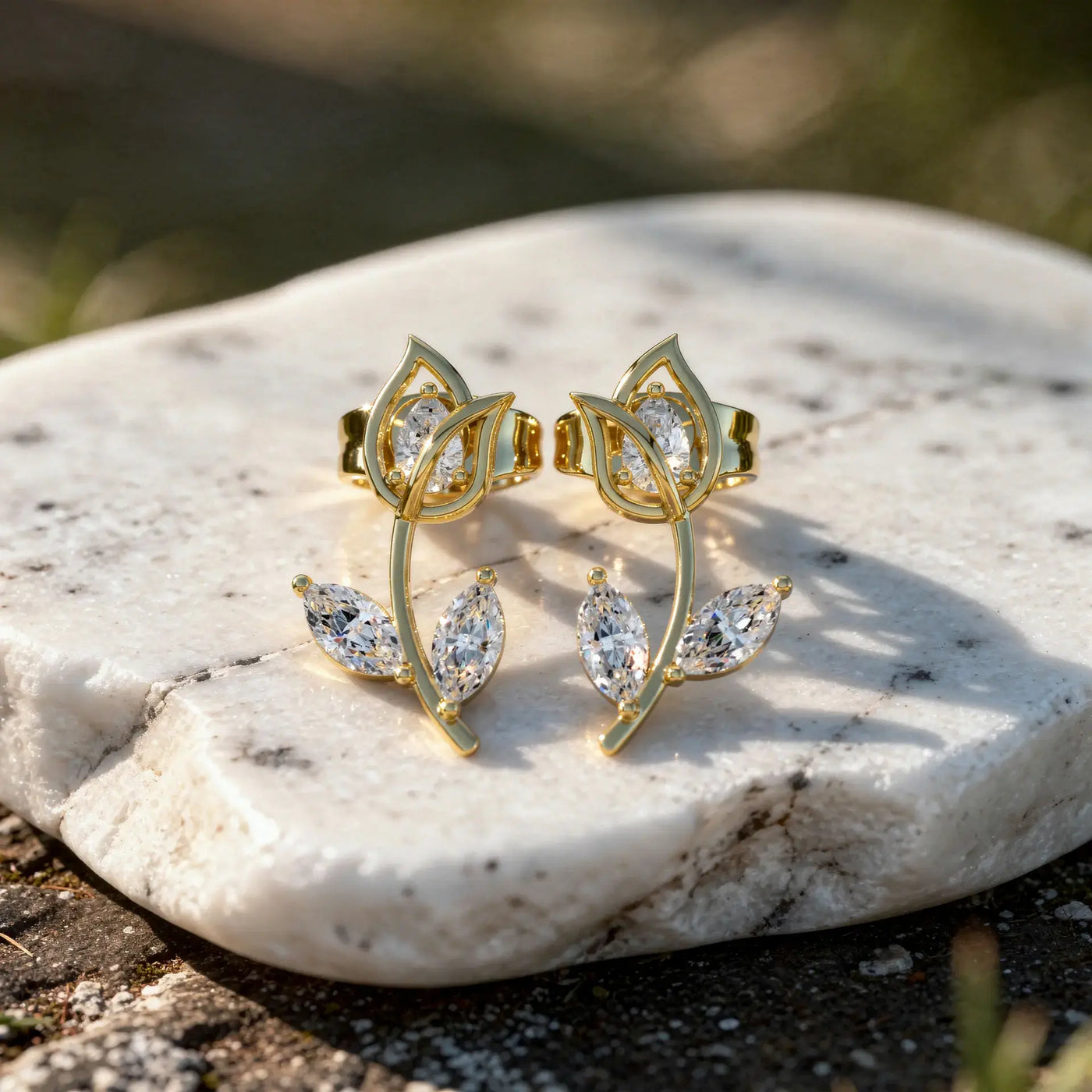 Pair-Shot: Marquise Diamond Earrings with Prong Setting in 14k Yellow Gold - Lab Grown - Driona Jewels