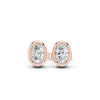 Pair Shot: Oval Diamond Studs with Bezel Setting in 14k Rose Gold - Lab Grown - Driona Jewels