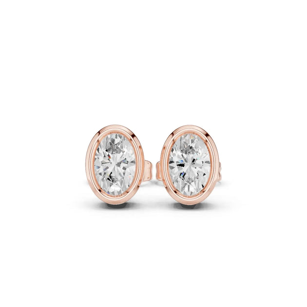 Pair Shot: Oval Diamond Studs with Bezel Setting in 14k Rose Gold - Lab Grown - Driona Jewels