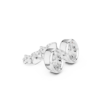 Pair-shot: Oval Diamond Earrings with Bezel Setting in 14k White Gold - Lab Grown - Driona Jewels