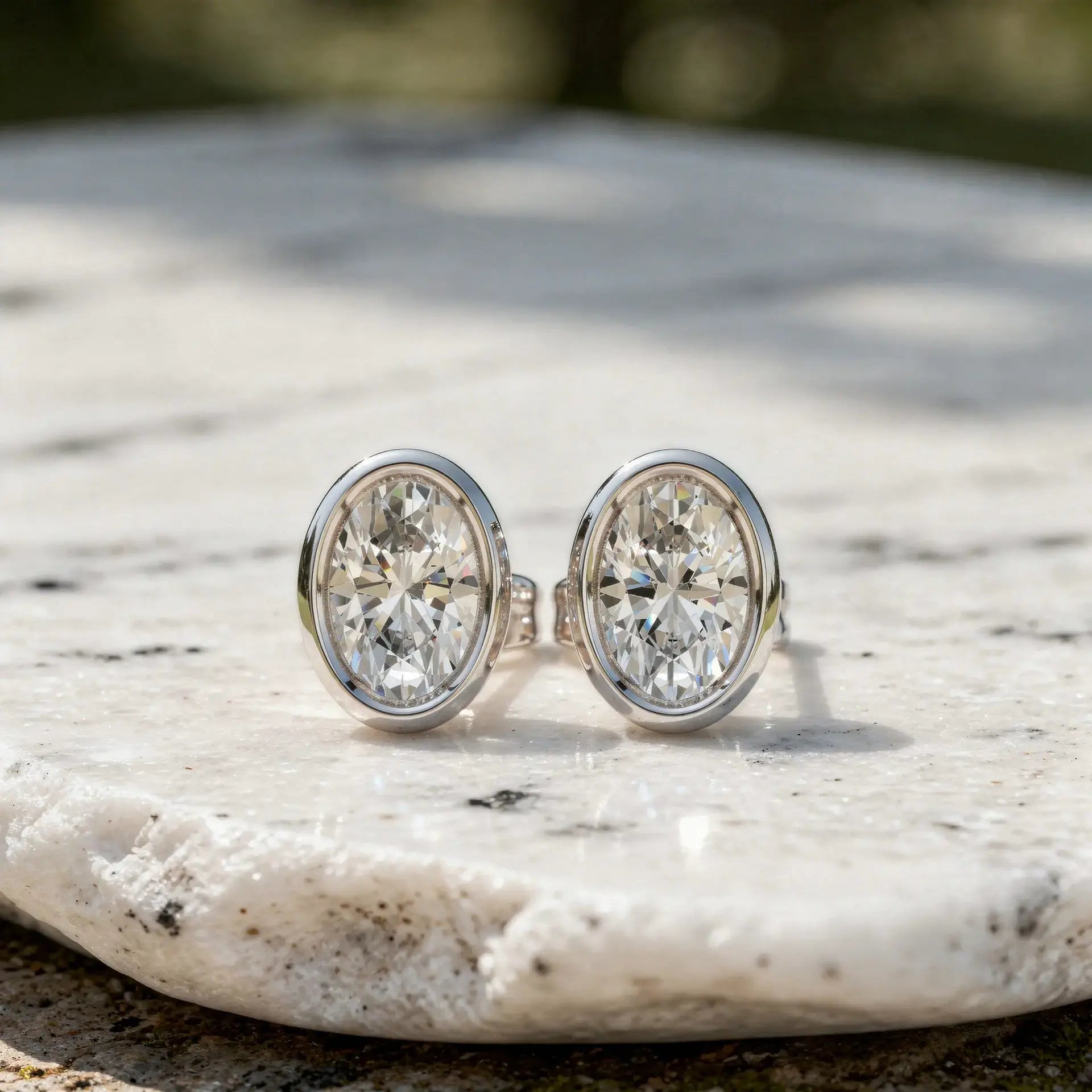 Pair-Shot: Oval Diamond Earrings with Bezel Setting in 14k White Gold - Lab Grown - Driona Jewels