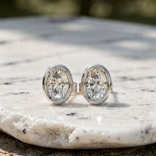 Pair-Shot: Oval Diamond Earrings with Bezel Setting in 14k White Gold - Lab Grown - Driona Jewels