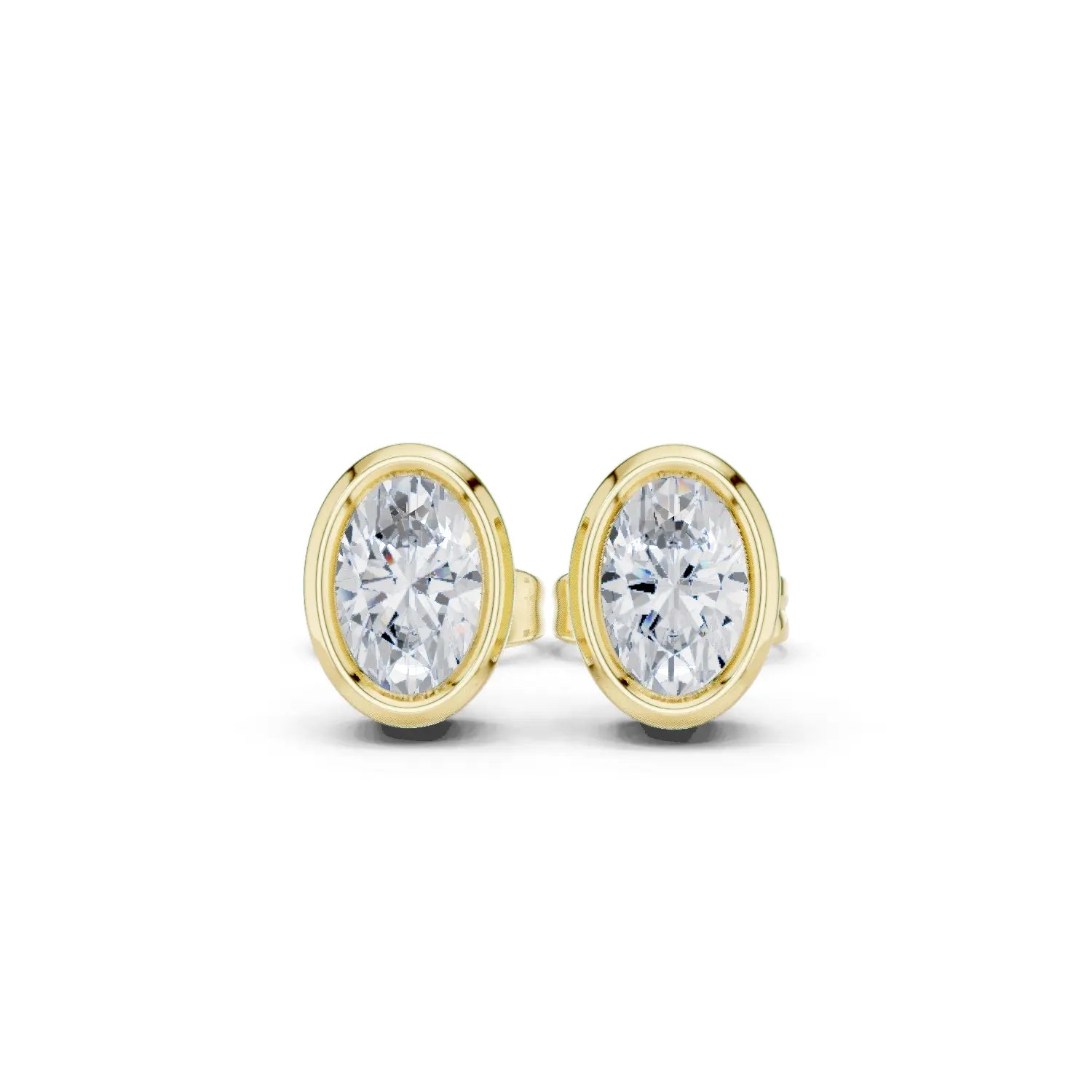 Pair Shot: Oval Diamond Studs with Bezel Setting in 14k Yellow Gold - Lab Grown - Driona Jewels